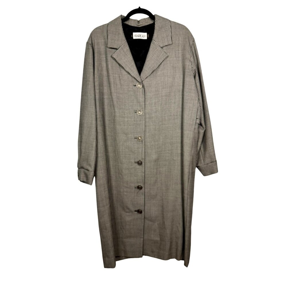 Custom Tailored By Harlan Houndstooth Duster Sz 14 Medusa Buttons Classic Preppy